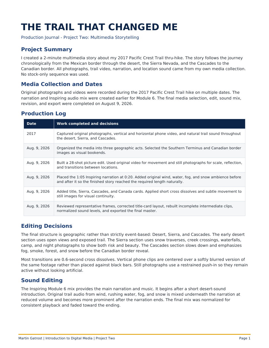 Page one of The Trail That Changed Me production journal