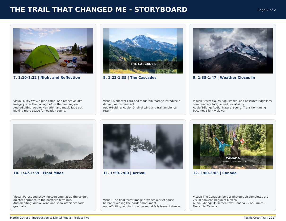 Page two of The Trail That Changed Me storyboard, showing the Cascades and Canadian border sequences